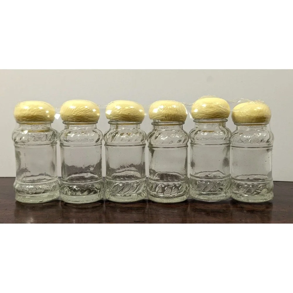 HP Vintage Set of 6 Glass Spice Jars Mushroom Lids Cream Clear Kitchen Storage